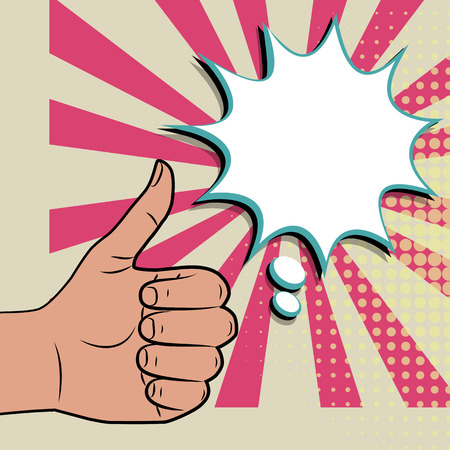 Hand sign comic retro pop art style white round bubble. Gestures okay. Cartoon comic vector colored speech bubble. Halftone hand drawn finger, ok sign. Like positive hand signs Blue pop art backgroundのイラスト素材