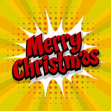 Merry Christmas. Speech comic bubble text halftone yellow background. Pop art style vector illustration. Retro burst expression speech pop art bubble cloud. Boom communication graphic talk humorのイラスト素材