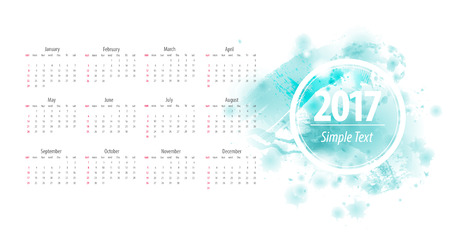 Beautiful abstract watercolor blots printable 12 monthly calendar 2017. Vector illustration colored paint spots. Calendar week starts from sunday. Trendy design modern calendar.のイラスト素材