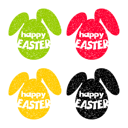 Creative grunge greeting, lettering Happy Easter. Stylish egg and funny rabbit with long ears.のイラスト素材