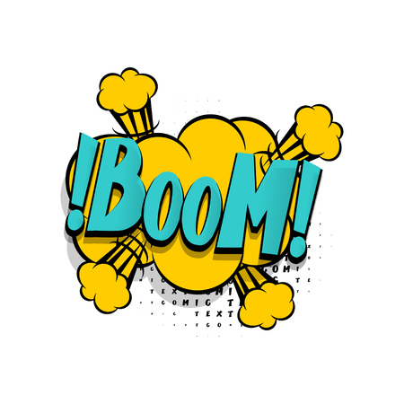 Lettering boom explosion. Comics book balloon. Bubble icon speech phrase. Cartoon exclusive font label tag expression. Comic text sound effects. Sounds vector illustration.のイラスト素材