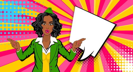 Beautiful sexy black african shocked stewardess girl, style pop art. Comics book retro halftone background. Vector pin up vintage dot illustration. Empty blank comic text speech bubble.のイラスト素材