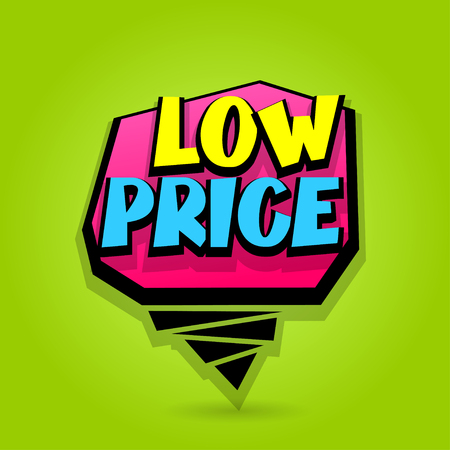 Low price sale advertising web label badge. Comic text speech bubble. Vector illustration best cost and discount. Special offer tag colored paper banner for print. Summer, Winter sticker rates.のイラスト素材