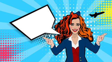 Beautiful sexy young red stewardess girl long hair, smiling style pop art. Comics book retro halftone background. Vector pin up vintage dot illustration. Empty blank comic text speech bubble.のイラスト素材