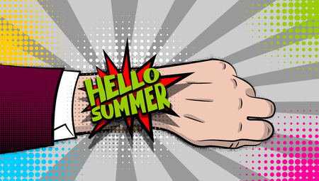 Hello summer hand watch comic text pop artのイラスト素材