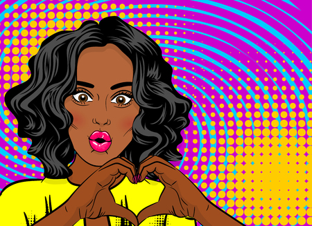 Black young woman pop art style wow face show heart hands. Colored halftone retro dot background for comic text. Positive girl fashion kitch. Saint Valentine love poster banner. Cartoon portraitのイラスト素材