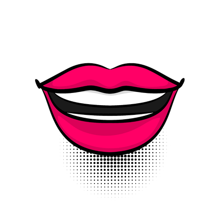 Pop art woman smile, dare, open lips, wow tooth, dental. Comics book girl face body part.のイラスト素材