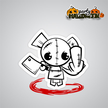 Halloween evil bear funny monster knife finger fuck. Pop art wow comic book text poster party. Ugly angry monochrome thread needle sewing voodoo doll. Vector illustration sticker paper.のイラスト素材