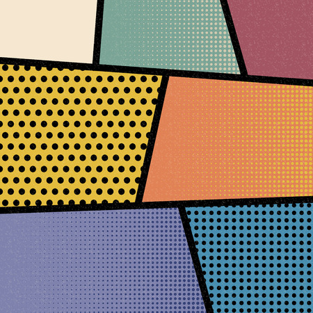 Pop art comics book magazine cover template. Cartoon funny vintage strip mock up. Vector halftone illustration. Blank rectangle for comic superhero text, speech bubble, message. Humor graphic.の写真素材