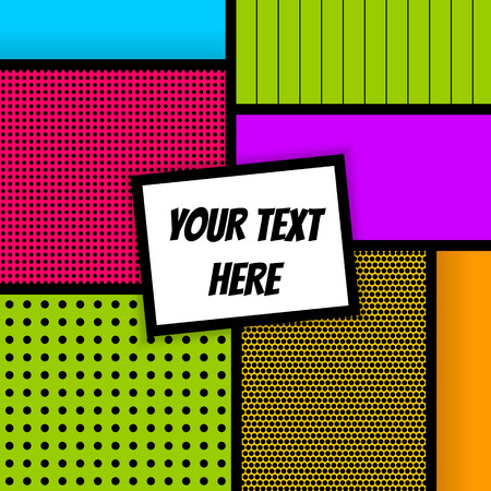 A vector geometric halftone illustration of Blank rectangular Lichtenstein, comic advertise text, speech bubble for Pop art comics book magazine cover template. Cartoon funny vintage strip mock up.のイラスト素材