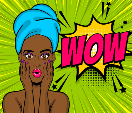 Pop art black girl wow face with towel wrapped on headのイラスト素材