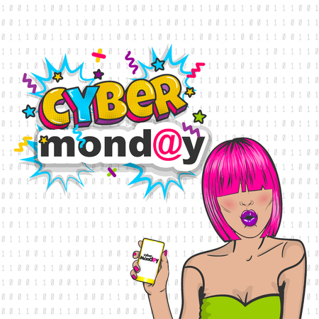 Cyber Monday cute woman pop art holding a phone.のイラスト素材