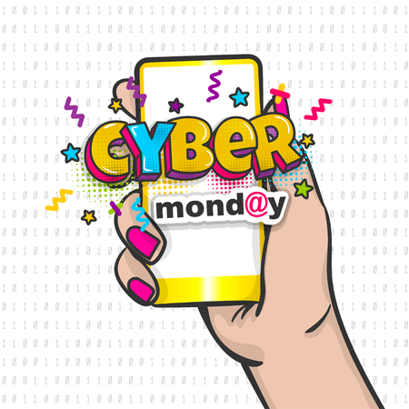 Cyber Monday woman hand pop art holding a phone.のイラスト素材