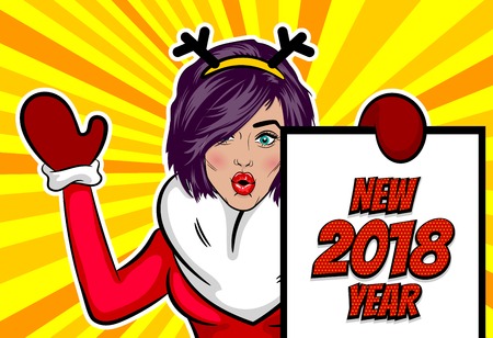 Woman pop art with new year's greetingのイラスト素材