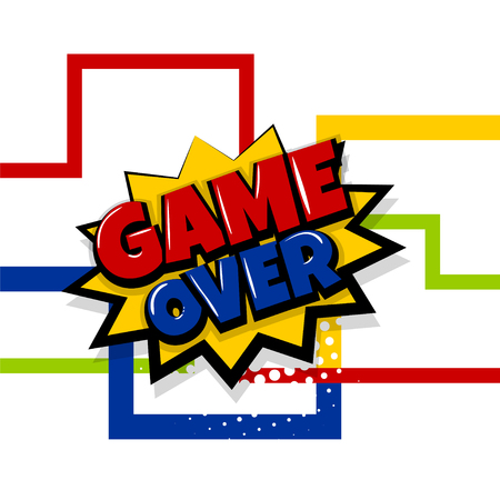 Game over, play Comic text speech bubble balloon. Pop art style wow banner message. Comics book font sound phrase template. Halftone radial vector illustration funny colored design.のイラスト素材