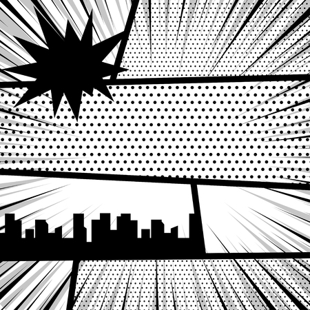 Vector illustration halftone dot mockup for comic text. Comics book monochrome template background. Pop art black white empty backdrop mock up. Silhouette city boom explosion. Speech bubble balloon.のイラスト素材