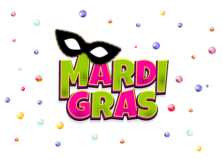 Comics text black mask isolated. Colored pearls shimmer random falling. Mardi Gras - Fat Tuesday carnival carnival in a French-speaking country. Comic book cartoon vector illustration pop art.の写真素材