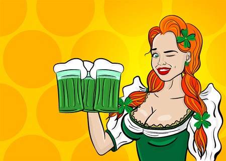 Wink cute fashion girl. Happy St Patrick's Day pop art. Sexy red woman wow face hold ale green glass. Holiday vector illustration greeting. Shamrock cartoon clover. Funny colored kitsch.のイラスト素材