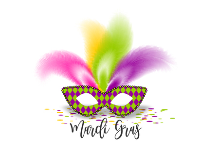 Mardi Gras mask- Fat Tuesday handwriting lettering carnival French-speaking country. Comic text cartoon vector illustration pop art. Realistic colored texture mask feather. Isolated white background.のイラスト素材