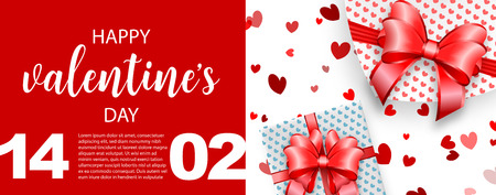 Horizontal web banner realistic 3d red heart shape. Vector illustration. Valentine's day gift box symbol. Satin ribbon bow love Valentine lettering text design. Happy Valentines Day greeting card.のイラスト素材