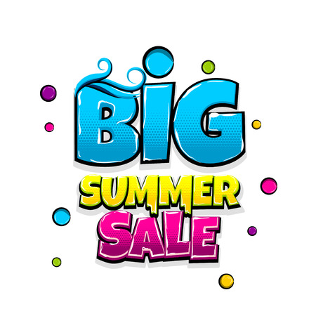 Big summer sale comic text pop art advertise. Offer discount price comics book poster phrase. Vector colored halftone illustration. Colorful wow market greeting banner graphic.のイラスト素材