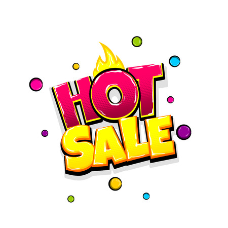 Hot season sale comic text pop art advertise. Offer discount price comics book poster phrase. Vector colored halftone illustration. Colorful wow market greeting banner graphic.のイラスト素材