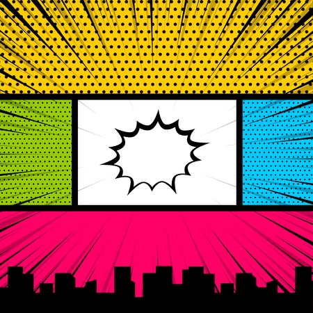 Text speech bubble balloon, box message, burst bomb. Cartoon funny vintage strip comic city view. Pop art comics book magazine cover template. Vector colored halftone illustration. Blank humor graphicのイラスト素材