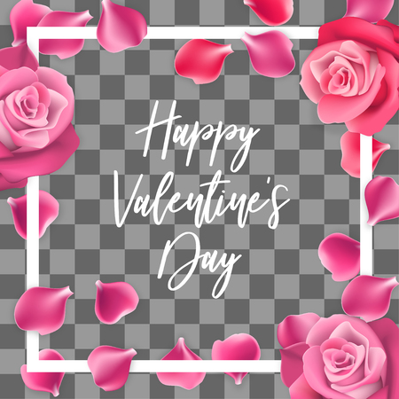 Valentine poster. Random falling petals. Pink rose petal isolated transparent background. Wedding illustration. White frame. Rose bud. Happy Valentines Day greeting card. Festive holiday vector.のイラスト素材