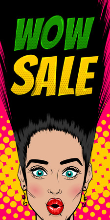 Wow face pop art style beautiful woman. Shocked face vintage girl. Seasonal fashion sale banner. Vintage colored poster comic glossy text speech bubble balloon design. WOW SALE kitsch advertise.のイラスト素材