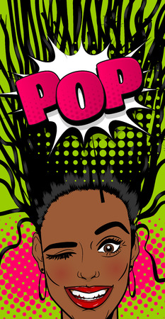 Beautiful black woman dreadlock wow face pop art style . Shocked face vintage african girl. Pop fashion sale banner. Vintage colored poster comic glossy text speech bubble balloon kitsch designのイラスト素材