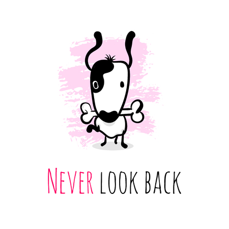 Hand drawn cartoon dog character. Cute Doodle sketch puppy run with bones. Philosophical phrase, metaphor. Funny postcard quote never look backのイラスト素材