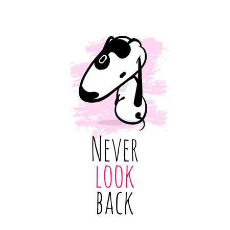 Hand drawn cartoon shy dog characte postcard quote never look backのイラスト素材