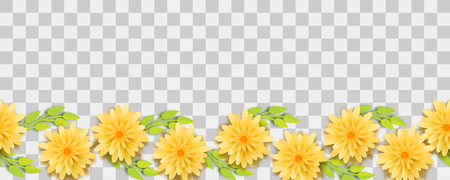 Paper vector art. Chamomile bud origami transparent background. Floral banner design. Craft 3d plant eco card. Illustration green leaf lush template.のイラスト素材