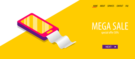 Smartphone screen mobile pay. Isometric digital banner business flat site background. Header vector design. 3d comic text pop art phrase. Creative font. Yellow color.のイラスト素材