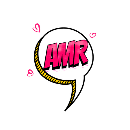 Amore amr - love heeart spanish language acronym comic text sound effects pop art style. Vector speech bubble word short phrase cartoon expression illustration. Comics book colored halftone backgroundのイラスト素材