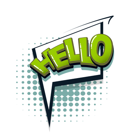 Hello, hi comic text collection sound effects pop art style. Set vector speech bubble with word and short phrase cartoon expression illustration. Comics book colored background template.のイラスト素材
