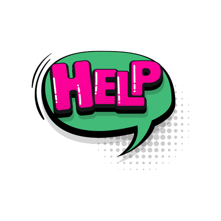 Help comic text collection sound effects pop art style. Set vector speech bubble with word and short phrase cartoon expression illustration. Comics book colored background template.のイラスト素材