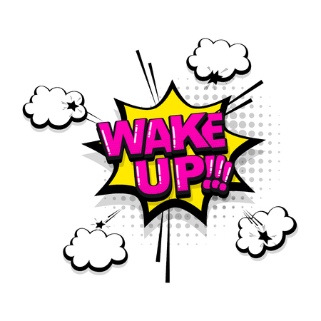 Wake up comic text collection sound effects pop art style. Set vector speech bubble with word and short phrase cartoon expression illustration. Comics book colored background template.のイラスト素材