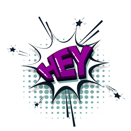 Hey hi comic text collection sound effects pop art style. Set vector speech bubble with word and short phrase cartoon expression illustration. Comics book colored background template.のイラスト素材