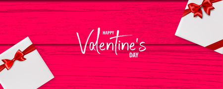 Valentines Day wood 3d vector background. Wooden texture, gift box with red satin ribbon bow. Top view realistic design.のイラスト素材