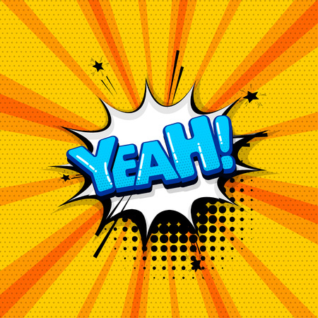Yeah yes comic text sound effects pop art style. Vector speech bubble word and short phrase cartoon expression illustration. Comics book colored background template.のイラスト素材