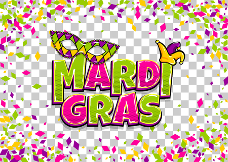 Comics text mask isolated. Colored shimmer random falling. Mardi Gras - Fat Tuesday carnival carnival French-speaking country. Comic book cartoon vector illustration pop art transparent backgroundのイラスト素材