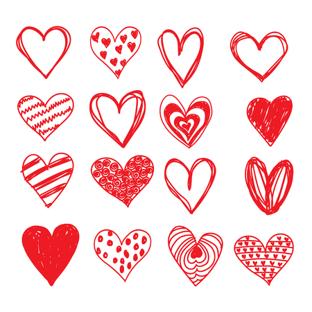 Doodle love heart Valentines Day vector set. Grunge holiday design. Wedding icon. Romantic curl sketch background.のイラスト素材