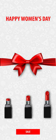 8 march happy womens fashion day. Minimalistic make up top view background. 3d lipstic. Vector holiday mock up. Vertical sale banner.のイラスト素材