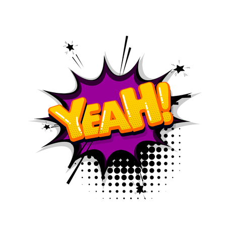 Yeah yes comic text sound effects pop art style. Vector speech bubble word and short phrase cartoon expression illustration. Comics book colored background template.のイラスト素材