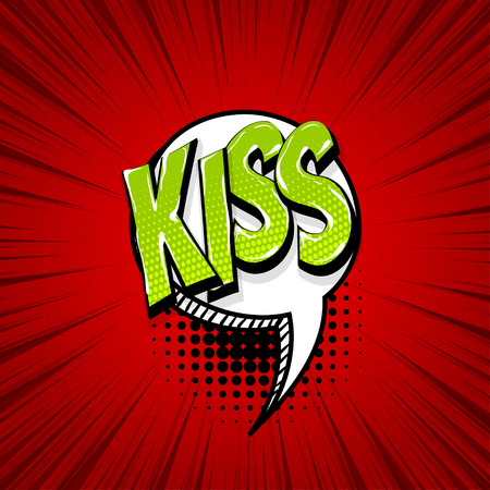 Kiss, love xoxo valentines day comic text speech bubble. Colored pop art style sound effect phrase. Halftone vector illustration banner. Vintage comics book poster.のイラスト素材