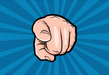 Uncle sam hand in pop art style. Business concept illustration. Cartoon vector illustration. Man show forefinger. Human arm in vintage retro design. Cartoon comics book Uncle Sam forefinger.のイラスト素材