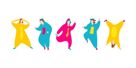 Pajama party. Happy friends in pajamas costume isolatedのイラスト素材