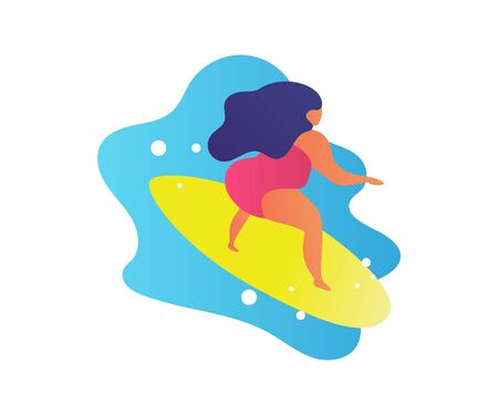 Flat friendly woman surfing on big waves. Cartoon trendy people friends summer beach lifestyle. Hawaii surf vacations. Woman get surfing in cartoon trendy people style.のイラスト素材