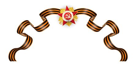 Saint George ribbon with red star golden order isolated on white background. 9 may Great War holiday 75 Anniversary. Translation from Russian the Great Patriotic warのイラスト素材